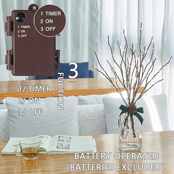 Fudios Lighted Branches with Timer 70 LED Fairy Lights 18in Battery Operated, Willow Branches with Lights for Vase Christmas Holiday Home Decor