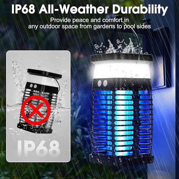 Portable Fly Trap for Indoor & Outdoor, Handheld Outdoor Bug Zapper - 4200V High-Voltage Electric Mosquito Killer with UV Light, IP68 Waterproof, USB-C & Solar Charging, 4000mAh Battery