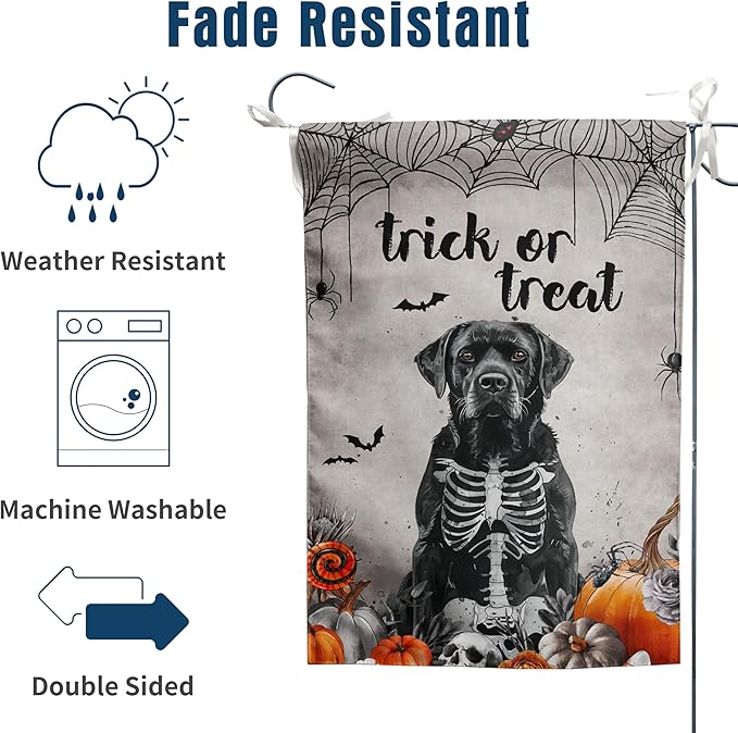 Halloween Black Lab Garden Flag Trick or Treat Yard Flag Ghost Labrador Dog Garden Flags for Outside 12x18 Double Sided Mini Skeleton Halloween Decor Outdoor Lawn Welcome Flag
