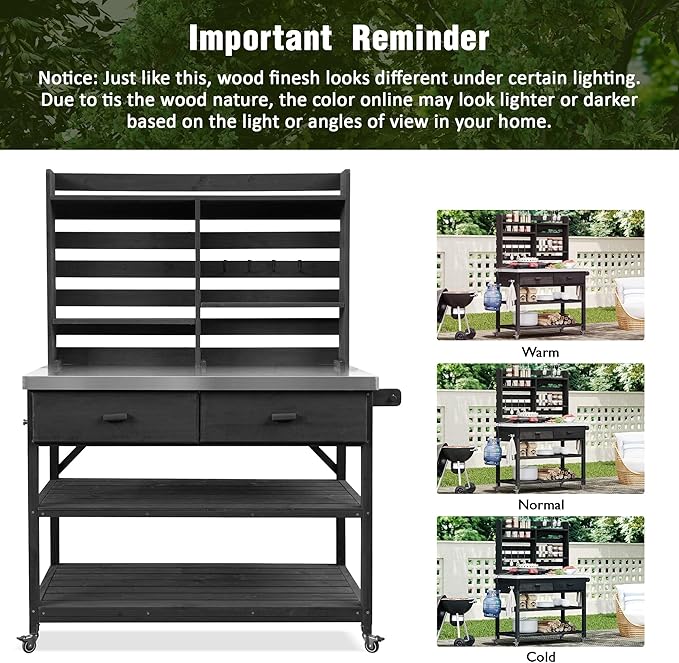 Polibi 64.9" H Outdoor Potting Bench Table with Lockable Wheels,Solid Fir Wood Outdoor Kitchen Island (Black)