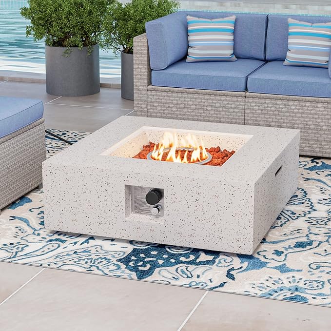COSIEST Outdoor Propane Fire Pit Coffee Table w Square Faux Stone 35-inch Base, 50,000 BTU Stainless Steel Burner, Free Lava Rocks and Rain Cover