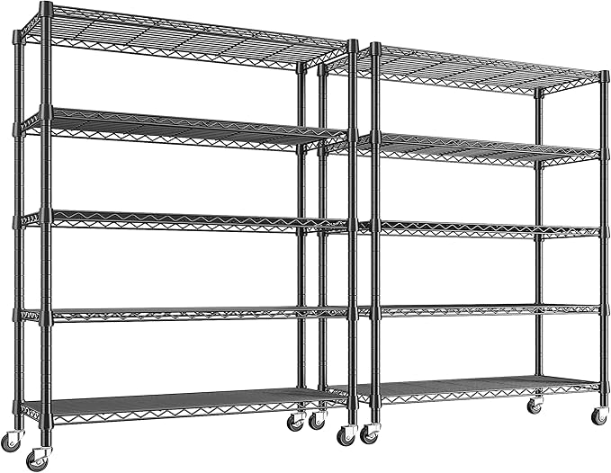 REIBII Storage Shelves with Wheels Wide Wire Shelving Unit with Wheels 75.2"H Tall Metal Shelves for Storage Sturdy Heavy Duty Shelving Deep Pantry Shelves 5 Tier Storage Rack, Keep Organized, 2 Pack