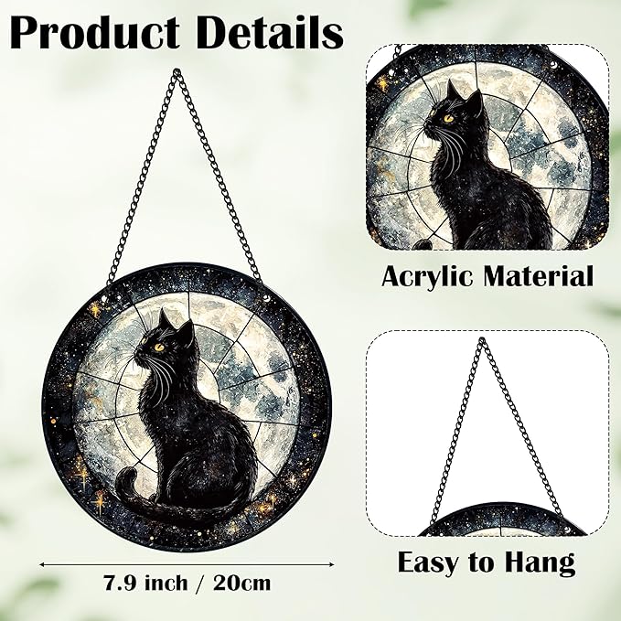 Black Cat Sun Catcher - Black Cat Full Moon Acrylic Suncatcher Rainbow Maker Stained Acrylic Window Hanging Ornament Indoor Outdoor Decoration Home Garden Decor Chain Pendant Memorial Gifts