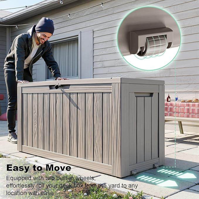 ROJIK Outdoor Storage Housing Deck Box - Waterproof Patio Furniture, Garden Tools, Cushions, Pool Accessories Storage Bench with Lockable Lid and Side Handles (Grey 78 Gal)