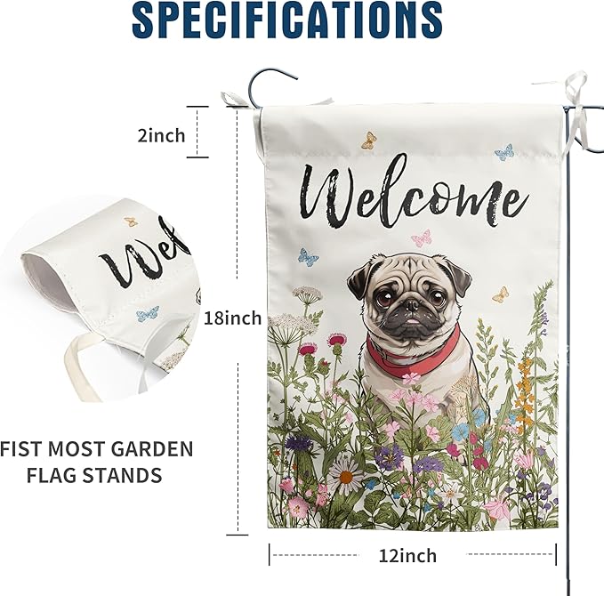 Spring Summer Flower Garden Flag Pug Outdoor Flag Floral Dog Garden Flags for Outside Small Yard Welcome Flags 12x18 Double Sided