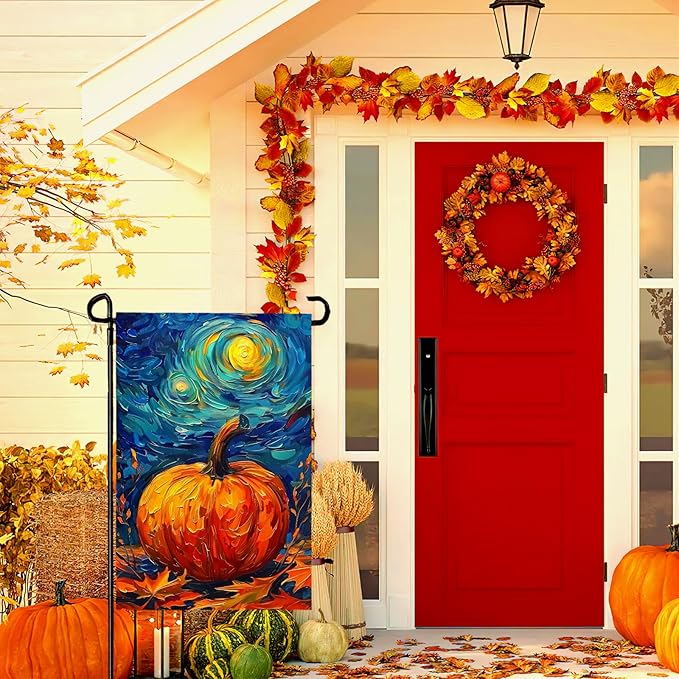 Fall Garden Flag Pumpkin Maple Leaf Yard Flags Van Gogh Garden Flags Art Starry Night Sky Moon Garden Flags Autumn Harvest Thanksgiving House Banner for Patio Farmhouse Outdoor 12 x 18 Inch