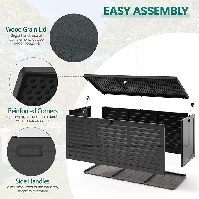 130 Gallon Outdoor Deck Box, Waterproof Resin Box with Lockable Lid, UV-Resistant for Cushions, Garden Tools & Pool Accessories (BLACK), Patio Furniture