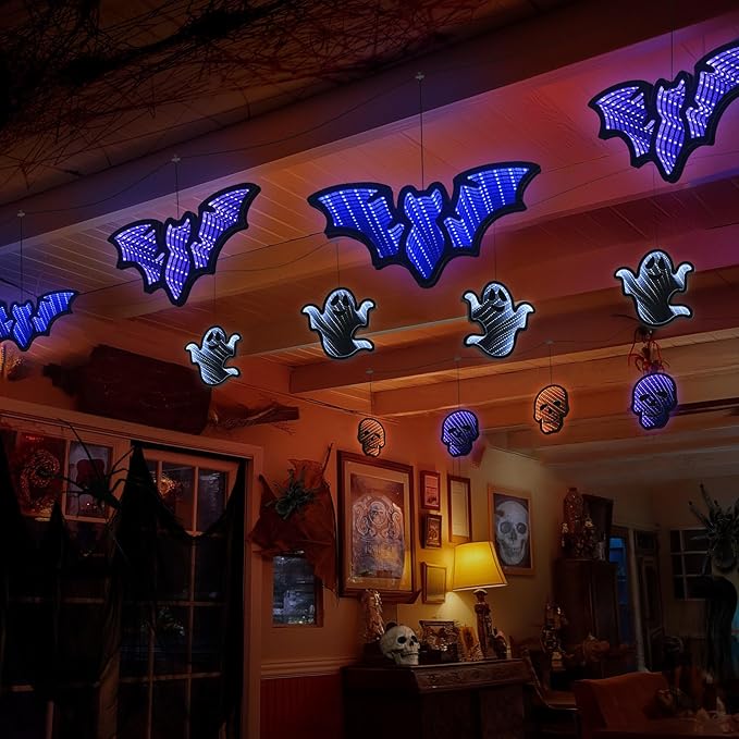 Halloween Décor 4 Skulls Infinity Lights with USB Powered, 10.42FT 3D Infinity Mirror String Skeleton Head Lights, Halloween Indoor Decorations for Window Outdoor Wall Party Room