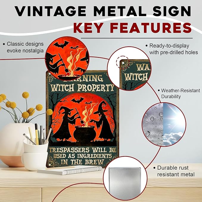 Witch Property Warning Vintage Sign Halloween Witch Metal Tin Sign for Home Bar Kitchen Hotel Dining Room Coffee 12x16inch