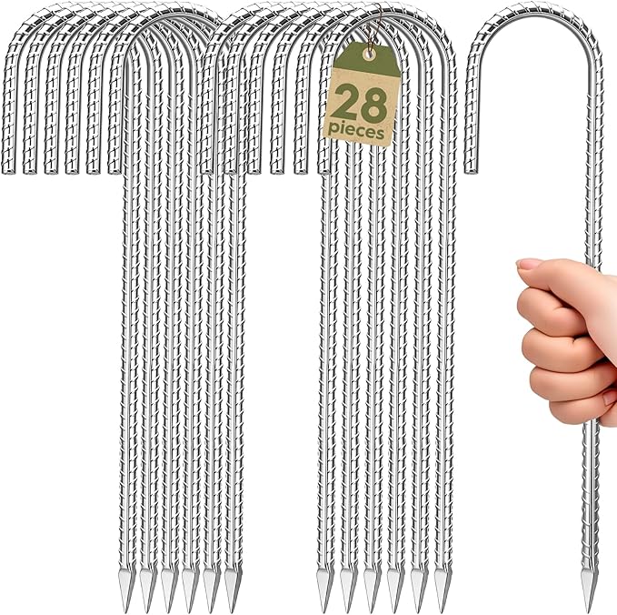 12 inches Ground Stakes Heavy Duty 28 Pieces Metal Fence Rebar Stake 5/16" Diameter J Hook Ground Spikes, Tent Stakes, Swing Set and Gazebo Anchors