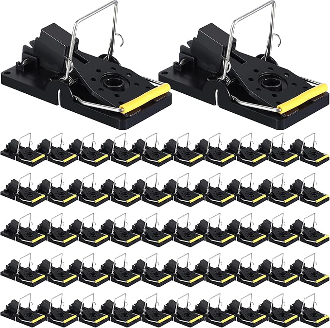 Qualirey 50 Pcs Plastic Mouse Rat Traps House Indoor Quick Effective Safe for Warehouse Garden Kitchen 3.86 x 1.81 x 2.17 Inch (Black,Yellow)