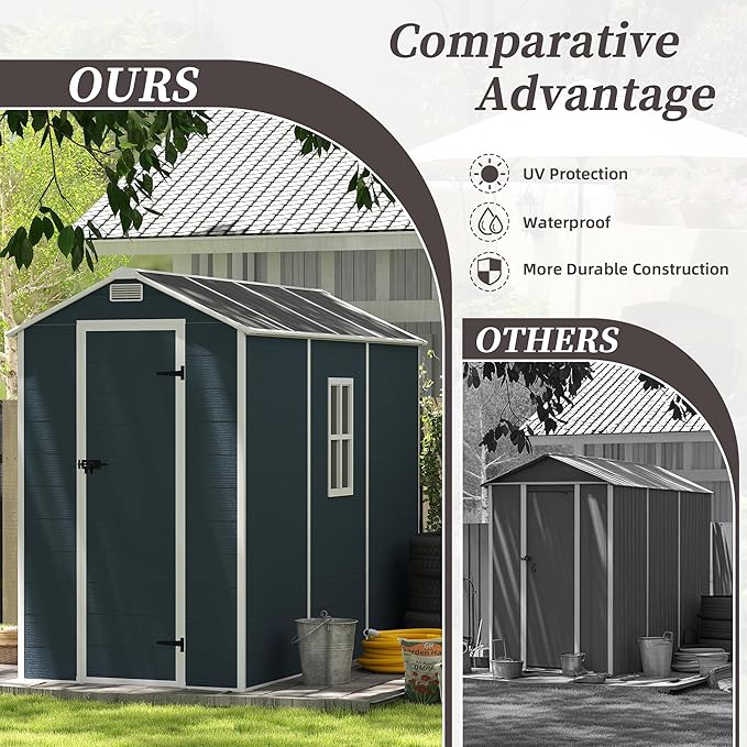 Outdoor Storage Shed 8x4 FT, Resin Shed with Floor & Window, Lockable Door, Vents, Outside Sheds & Garden Shed for Patio Furniture, Gardening Tools, Bike Accessories and Lawn Mower (Dark Gray, 4*8ft)