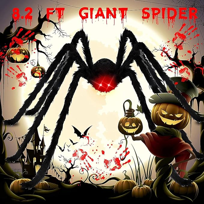 98IN/8.2FT/250CM Halloween Giant Spider Decorations: Largest Fake Scary Hairy Spider - Halloween Huge Plush Toy Spider Props Toy for Indoor Outdoor Creepy Lawn Garden Decor Black