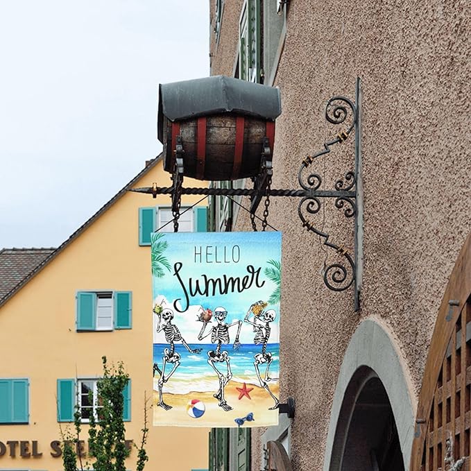 Hello Summer Skeleton Funny Skull Summer Coastal Hawaii Tropical Ocean Garden Flag Welcome Party Outdoor Outside Decorations Picks Home House Garden Yard Decor 12x18 Inch