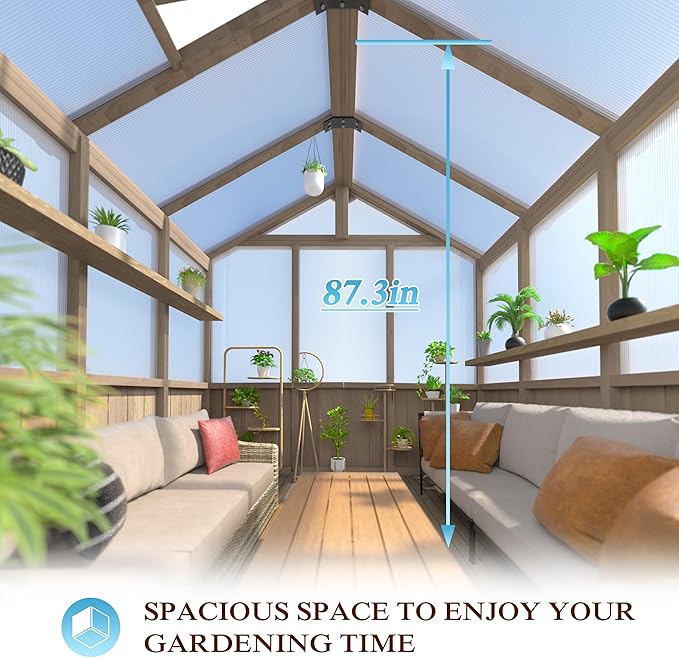 BlueWish 8x14FT Greenhouse, Greenhouses kit with Cedar Frame, Wood Greenhouse with Adjustable Vent, Lockable Door, Green House for Outside, Garden, Backyard,Light Brown Mocha