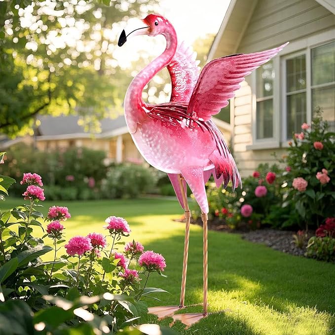 Garden Flamingo Statues and Sculptures, Outdoor Metal Bird Yard Art, Pink Flamingos Lawn Ornament for Patio Backyard Porch Decorations