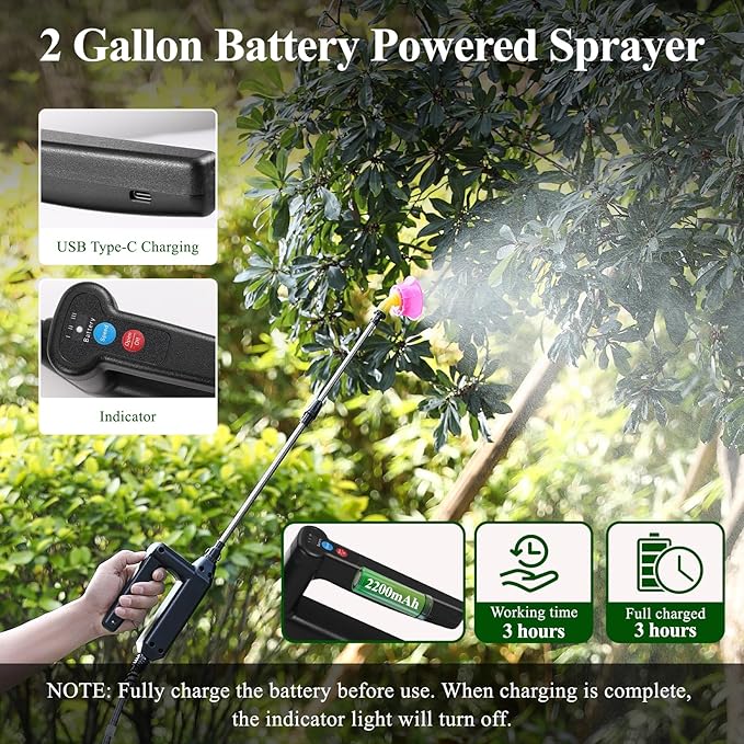 Battery Powered Sprayer 2 Gallon, Garden Sprayer with Upgraded Electric Rechargeable Handle, 5 Mist Nozzles, Transparent Tank with Scale Mark, Suitable for Lawn, Garden