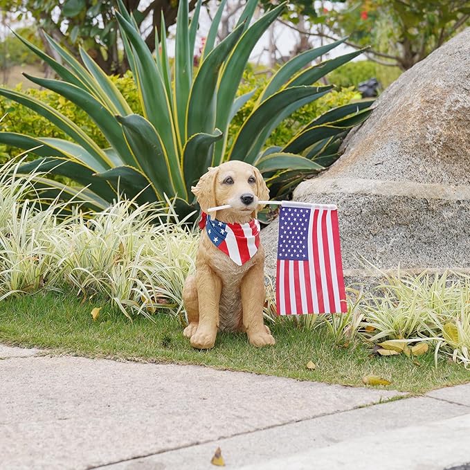 Cynkeyee Outdoor Garden Decor Dog Statue - Large Resin Puppy with American Flag Statues Sculpture for Outside Yard Lawn Home Decor Americana Patriotic Decorations 12.5x8.5x13.5 Inch