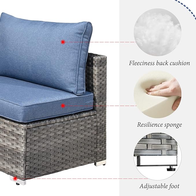 HOOOWOOO 8 Piece Patio Sectional Furniture Set with Swivel Rocking Chairs,Modern Wicker Outdoor Conversation Sofa Sets,Weather Resistant Modular L Shaped Outside Couch Set(Denime Blue)