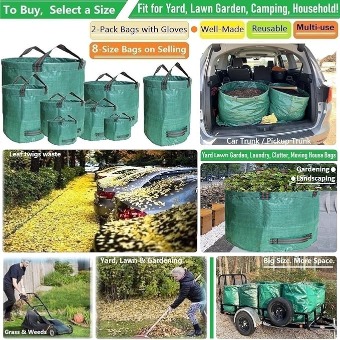 Professional 2-Pack 63 Gallons Lawn Garden Bags Yard Waste Bag (D31, H19 inches) with Gardening Gloves,Standable,Reusable Leaf Grass Bag,Garden Trash Containers,Lawn Yard Waste Bags with 4 Handles
