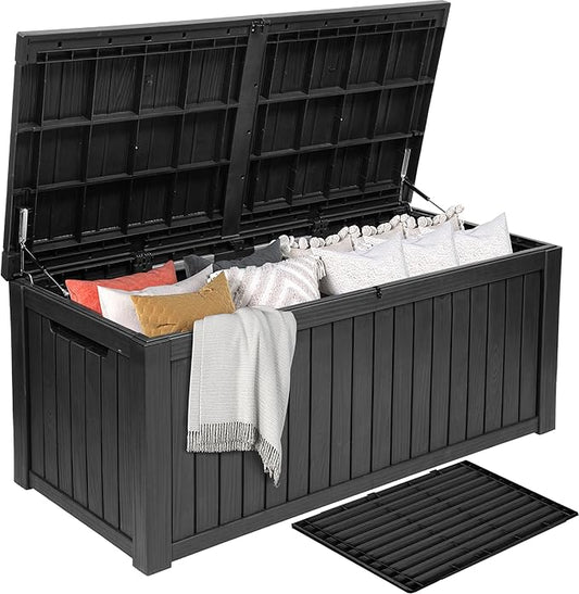 DWVO 150 Gallon XL Deck Box with Divider & Lockable Lid, Waterproof Resin Outdoor Storage for Patio, Garden, Poolside, Cushions, Supplies & Sports Gear, Black