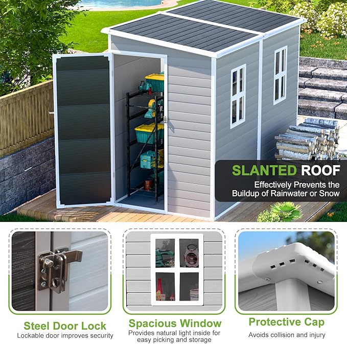 4x8 FT Lean-to Resin Shed with Floor Included, Waterproof Plastic Storage Cabinet, Garden Tool Shed for Outdoor Wall