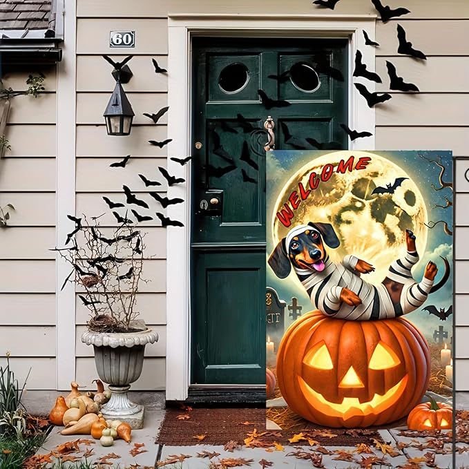 Happy Halloween Garden Flags 12x18 Inch Vertical Double Sided Skeleton Dachshund Dog Garden Flag Small Yard Pumpkin Flag for Outdoor Decor Outside Decoration Banner