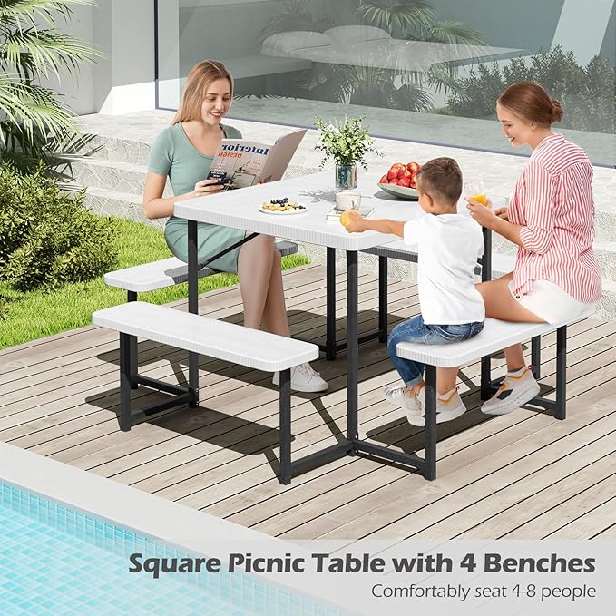 Tangkula 8 Person Picnic Table, HDPE Outdoor Square Table and Bench Set with 4 Built-in Benches, Umbrella Hole, Metal Frame for Garden Yard Patio Lawn
