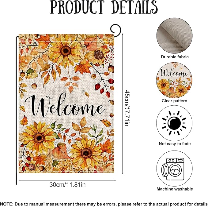 Fall Garden Flag 12 x 18 Inch Double Sided Welcome Sunflower Maple Leaves Designs Autumn Burlap Yard Flag for Outside Rustic Yard Outdoor Holiday Home Decoration