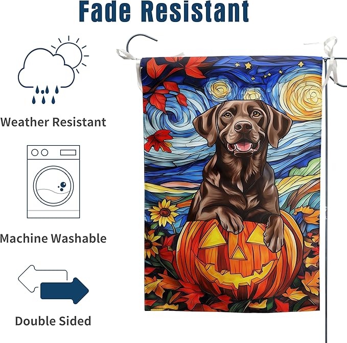 Stained Glass Chocolate Lab Fall Garden Flag Halloween Pumpkin Yard Signs Autumn Sunflower Thanksgiving Banner for Outside 12x18 Double Sided Small Labrador Dog Outdoor Decorative