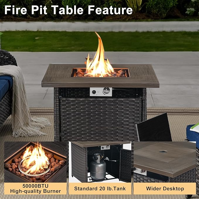 Patio Furniture 4 Piece, All-Weather PE Wicker Outdoor Furniture Set with CSA Certified 30in Propane Fire Pit Table,Outdoor Patio Furniture with Swivel Rocking Chairs