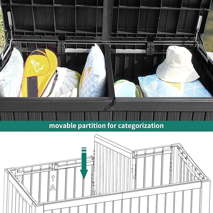 YITAHOME 150 Gallon Large Deck Box w/Divider, XL Waterproof Outdoor Storage for Patio Furniture,Outdoor Cushions, Garden Tools, Sports Equipment and Pool Supplies, Resin, Lockable, Black