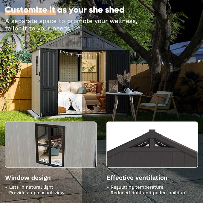 Patiowell 8 x 6 FT Plastic Outdoor Storage Shed with Floor, Resin Shed with Window and Lockable Door for Garden, Backyard, Tool Storage Use, Easy to Install in Beige (Kick-it Shed)