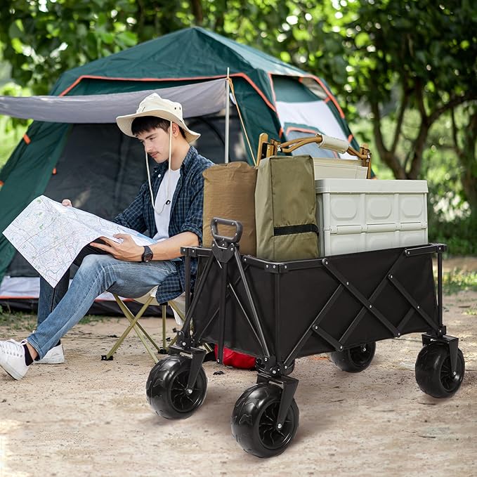 REDCAMP Collapsible Beach Wagon with 9" Big Wheels for Sand, 450lb Heavy Duty Foldable Beach Cart with All-Terrain Balloon Style Foam Wheels for Gravel, Sand, Camping, Groceries, Garden