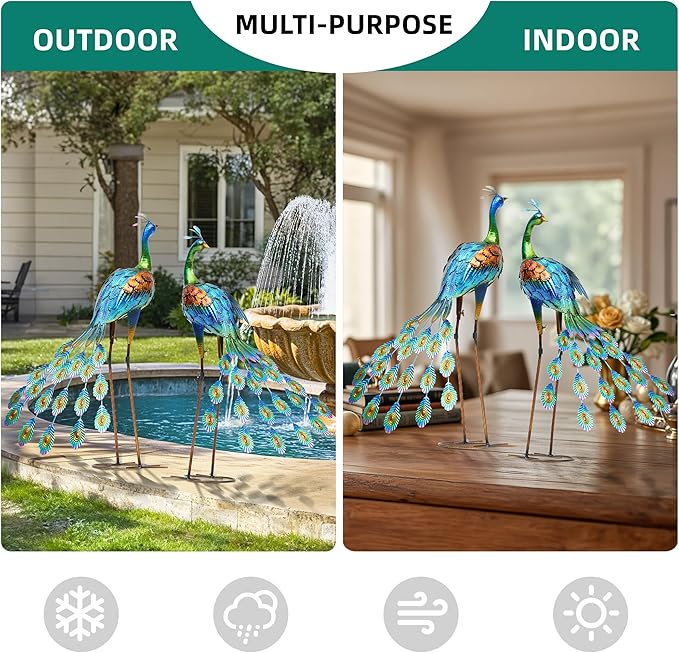 32" Metal Peacock Yard Decor - Handmade Oversize Peacock Sculptures with Stable Ground Stakes, Backyard Decoration, Metal Garden Art.