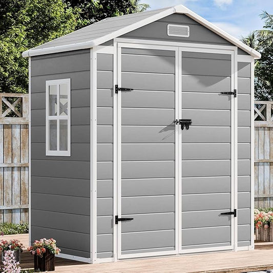 Resin Storage Shed 6 x 3 FT: Outdoor Resin Sheds with Floor, Plastic Waterproof Patio Outdoor Storage Shed with Lockable Door & Windows,Tool Sshed Storage for Garden Backyard Patio Lawn, Brown