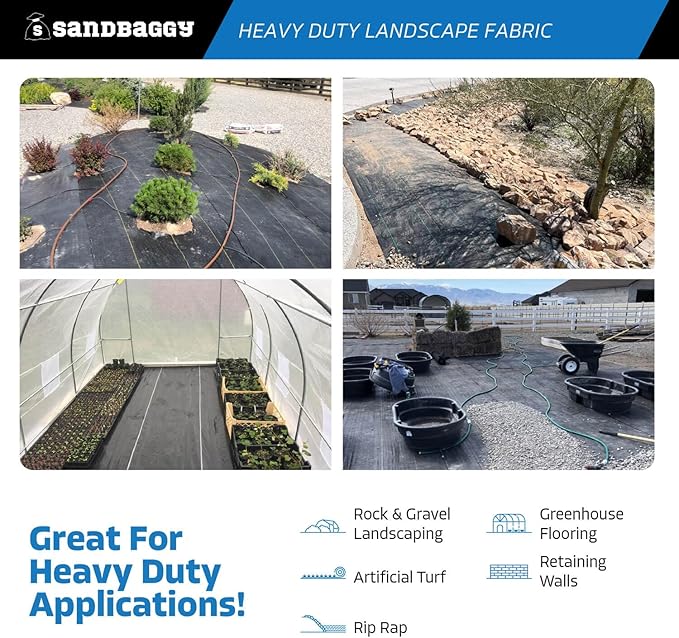 Sandbaggy 15 ft Heavy Duty Landscape Fabric | 50 Year Fabric | 6 oz Extra Thick Weed Barrier | Rock & Gravel Landscaping | UV Resistant | 365 Weed Free Guarantee (15 ft x 25 ft, 1, Count)