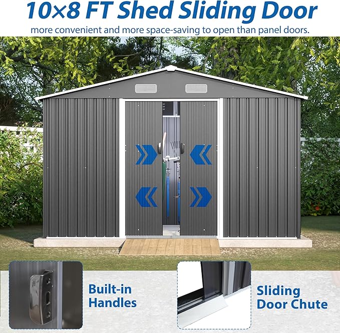 10X8 FT Outdoor Storage Shed, All Weather Metal Sheds with Lockable Doors, Tool Shed for Garden, Patio, Backyard, Lawn (Grey with Floor Frame, 10x8ft)