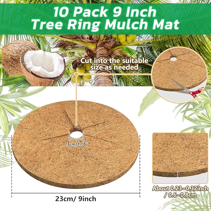 Legigo 10pcs Coconut Fiber Mulch Ring Tree Plant Protector Mat, 9 Inch Natural Coco Coir Tree Protection Ring Plant Pot Soil Cover, Tree Rings Disc Plant Cover for Indoor Outdoor Plants,Landscaping