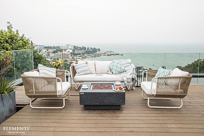 Elementi Manhattan Gas Fire Pit Cast Concrete Fire Table, Outdoor Fire Pit Electronic Ignition | Canvas Cover, Lava Rock Included | Free AMS Wind Guard | Dark Gray (Propane Gas)