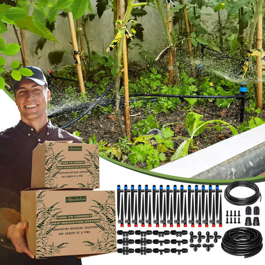 Push-to-Connect Drip Irrigation System Adjustable Irrigation System for Garden Raised Bed Automatic Plant Watering System Complete Drip Irrigation Kit with Drip Emitters, Tubing, Connectors