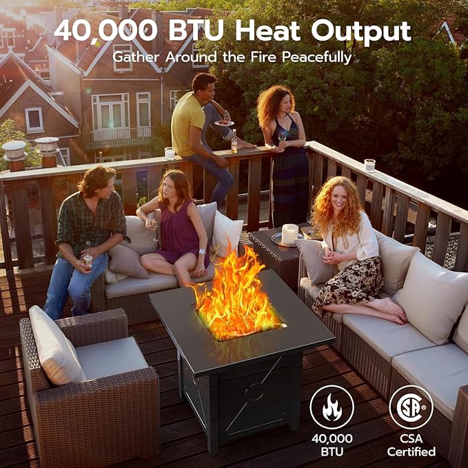 ZAFRO 28 Inch Propane Fire Pit Table for Outside,50,000 BTU Gas Fire Pit Table with Removable Lid,Rain Cover, Rectangle Gas Firepit Table for Garden/Patio