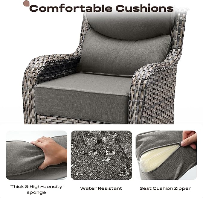 Wicker Outdoor Patio Furniture Set - 4 Piece Patio Conversation Set with Swivel Rocker Chairs and Ottomans, 6 inch Cushions, High Back, Deep Seating, for Porch Deck Garden Mixed Grey/Grey