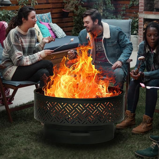 32" Wood Burning Fire Pits with Grill & Lid, Fire Pit Table for Outside with Waterproof Cover & Fire Poker, Outdoor Firepit with Functions for BBQ,Table and Bonfire