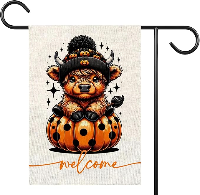 Welcome Halloween Garden Flag for Outside, 12x18 Inch Double Sided Halloween Pumpkin Highland Cow Yard Flag, Farmhouse Small Yard Flags for Outdoor Decorations, Holiday Decor Gifts-A02