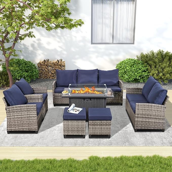 43'' Gas Fire Pit Table, Outdoor Rectangle Fire Pit Table with Cover, Glass Wind Guard & Glass Rock, 60000 BTU Stainless Steel H-Burner Fire Pit Tables for Outside Patio Backyard Garden (Rectangle)