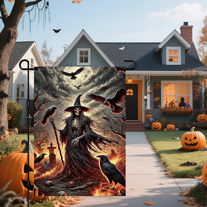 IVN Halloween Garden flag witch crows raven dark scene design outdoor yard patio spooky holiday decor backdrop seasonal festive display 12x18 inch polyester For Girls or boys gifts Gardens Flags