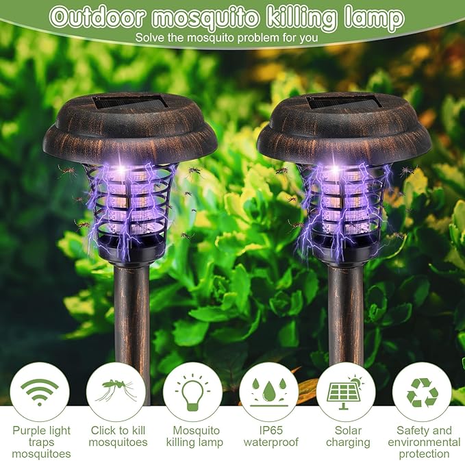 Qualirey 4 Pcs Solar Bug Zapper Waterproof Outdoor Mosquito Zapper Killer and Lighting Repellent Lamp for Indoor Outdoor Use Garden Patio, Purple and White Light(Plastic,Bronze)