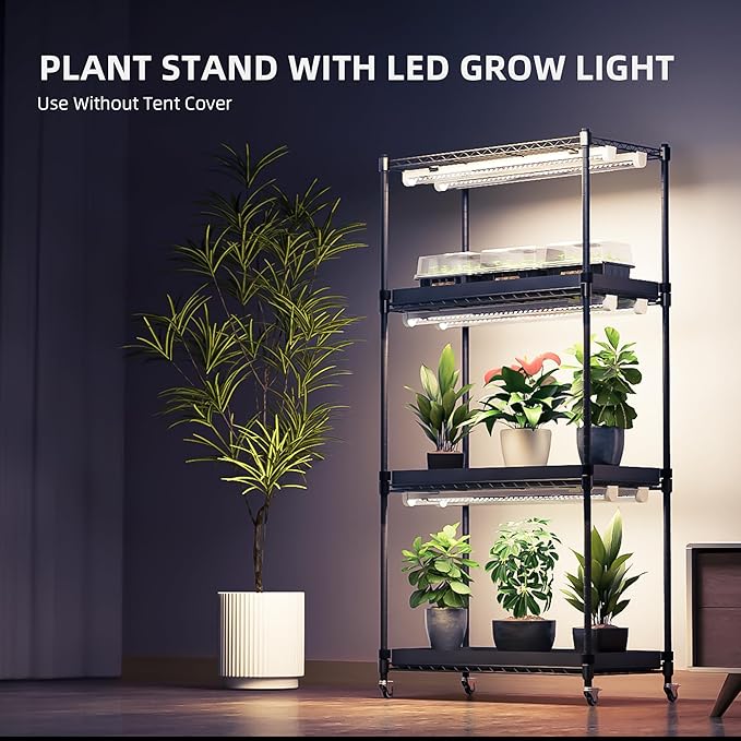 Spider Farmer 2025 Plant Stand with Grow Lights, 4-Tier Plant Shelf with 6Pcs 2ft Full Spectrum LED Lamp and Grow Tent, for Veg Seed Starting Plants Growth Greenhouse 28Lx14Dx59H (Update)