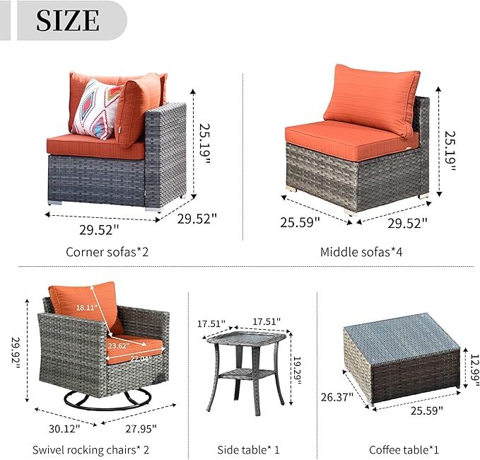 HOOOWOOO 10 Piece Patio Sectional Furniture Set with Swivel Rocking Chairs,Modern Wicker Outdoor Conversation Sofa Sets,Weather Resistant Modular L Shaped Outside Couch Set(Orange Red)